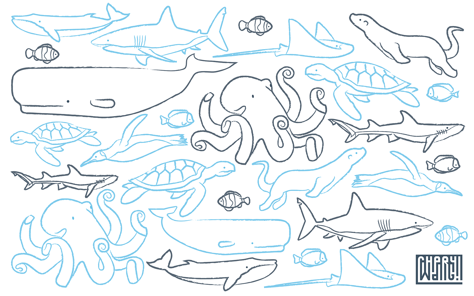 Line art of aquarium animals