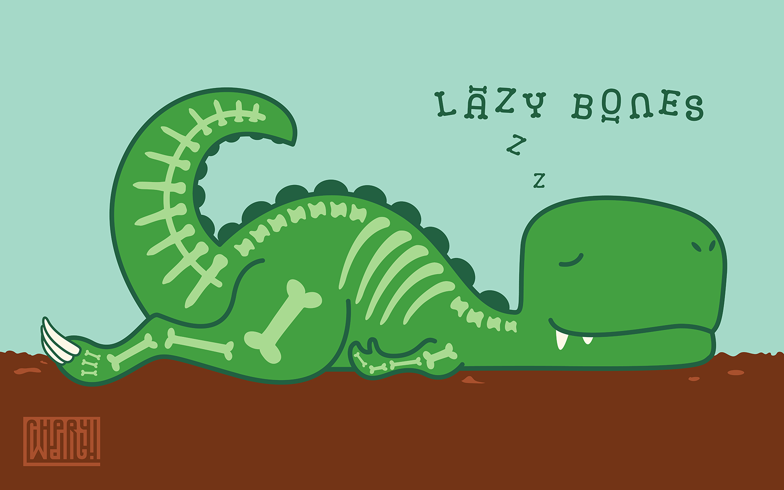 Skeletal t-rex sleeping with the caption "Bone Tired"