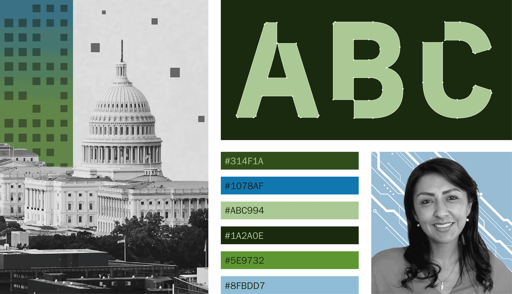 Examples of imagery, font, and brand color palette