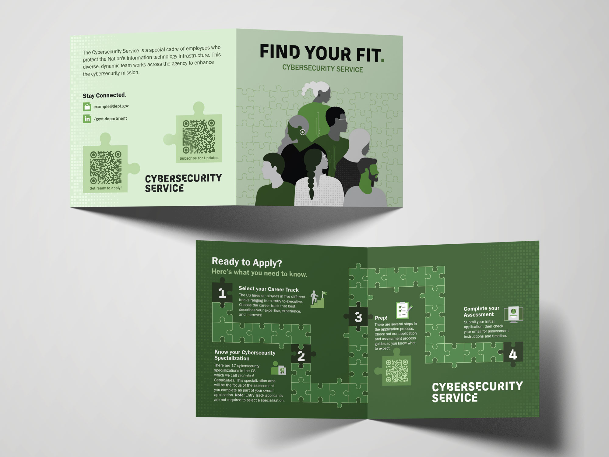 Square bi-fold flyer with puzzle design to inform users of the application process.