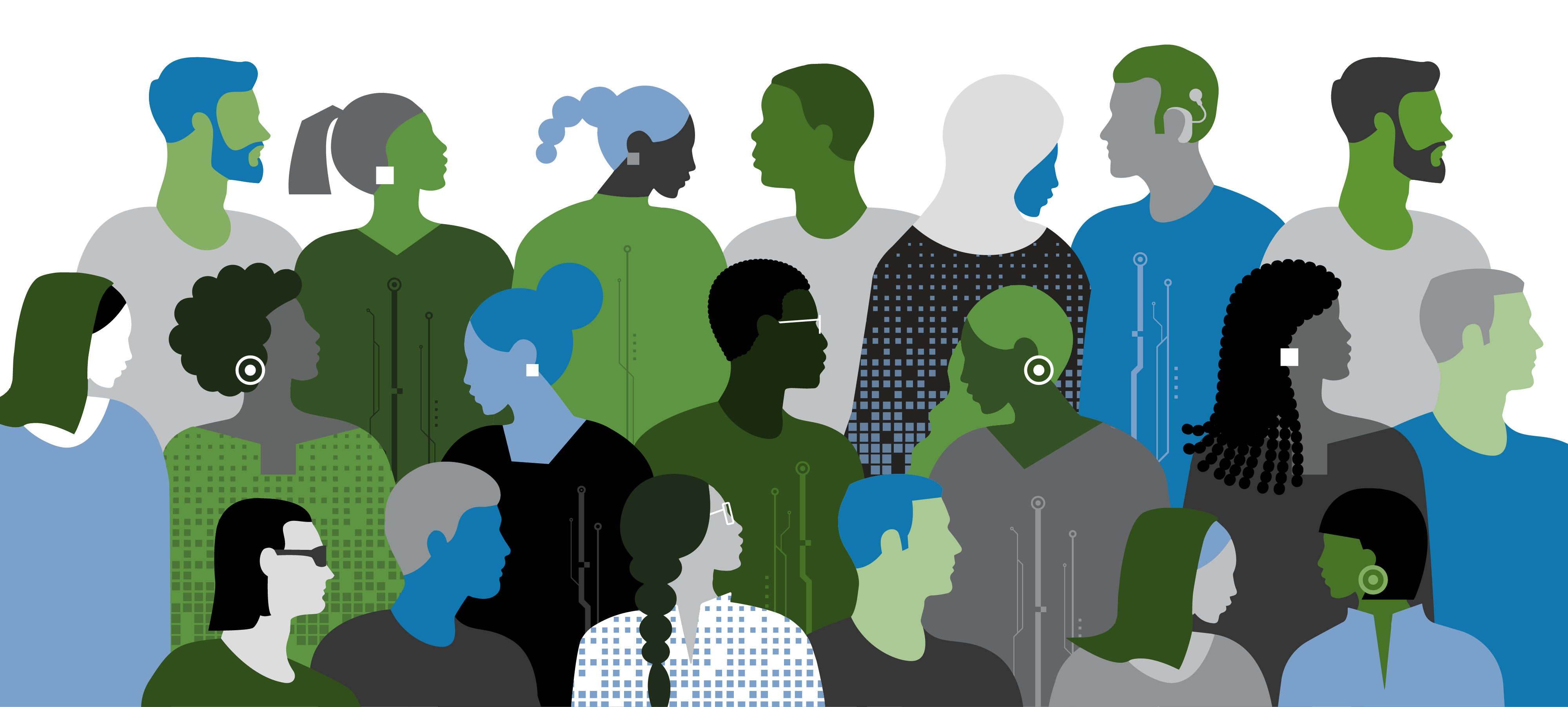 Vector illustration of diverse people in brand colors and patterns