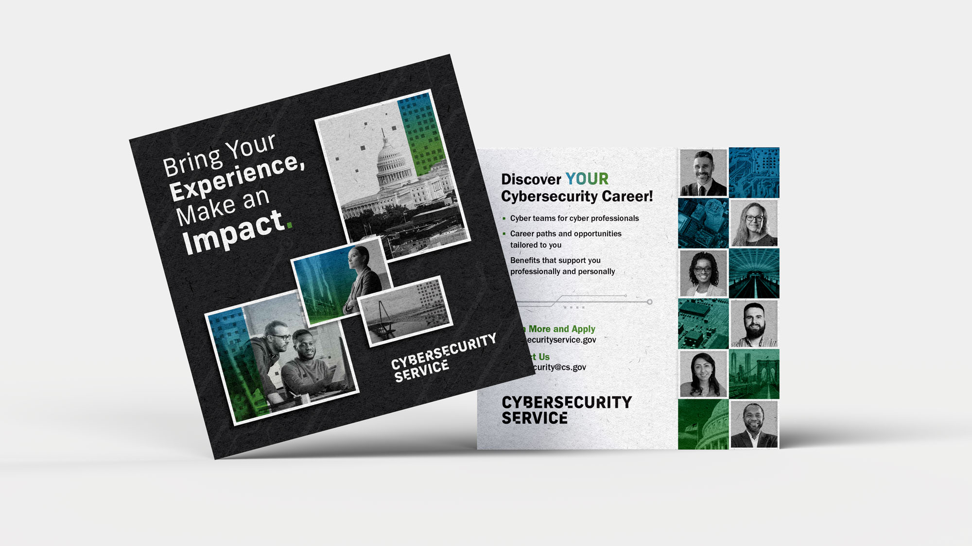 Double-sided square flyer used at recruitment events with black and white photography with blue and green gradients