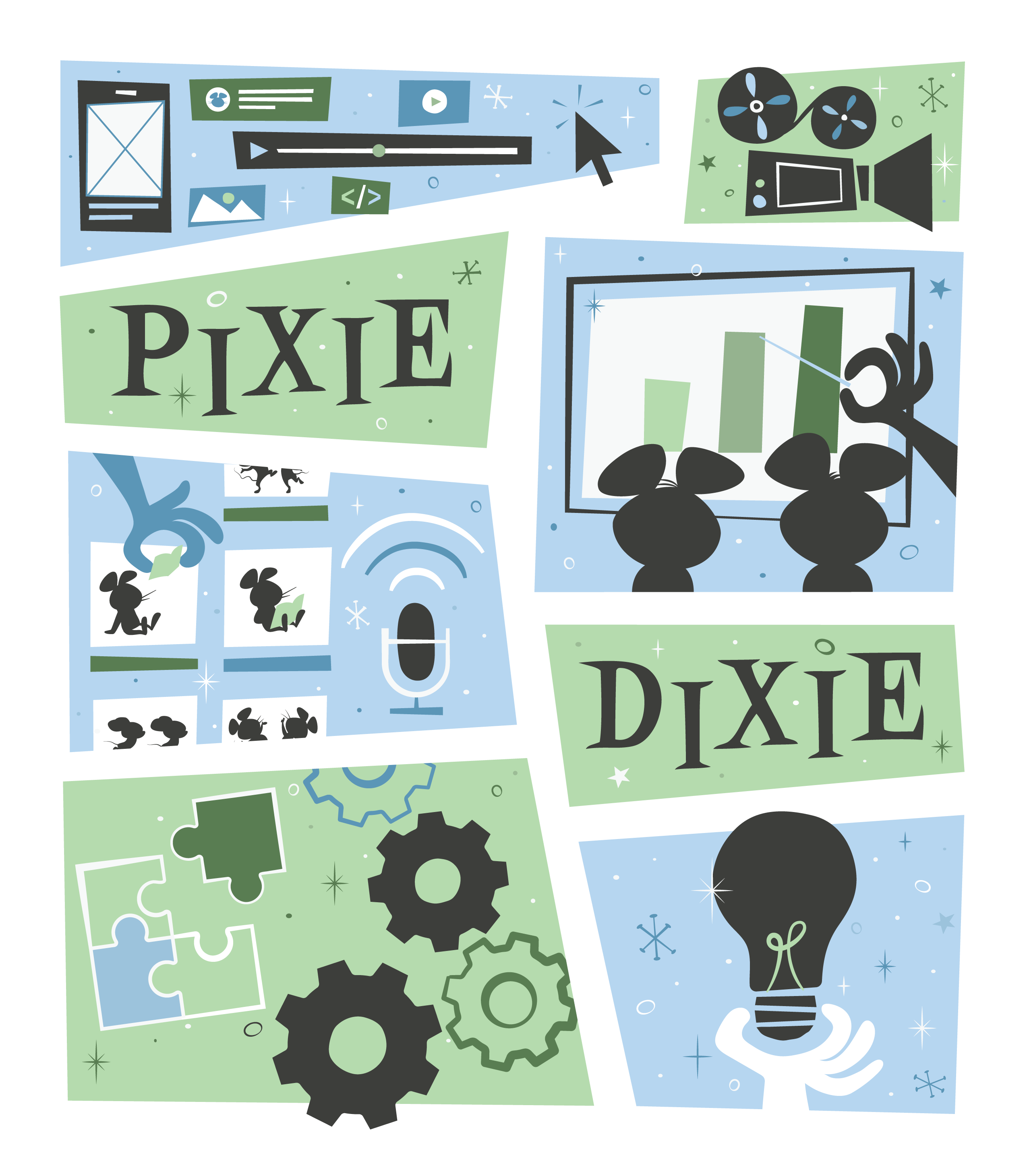Retro 60's style art of the Pixie and Dixie cartoon characters engaged in various learning activities