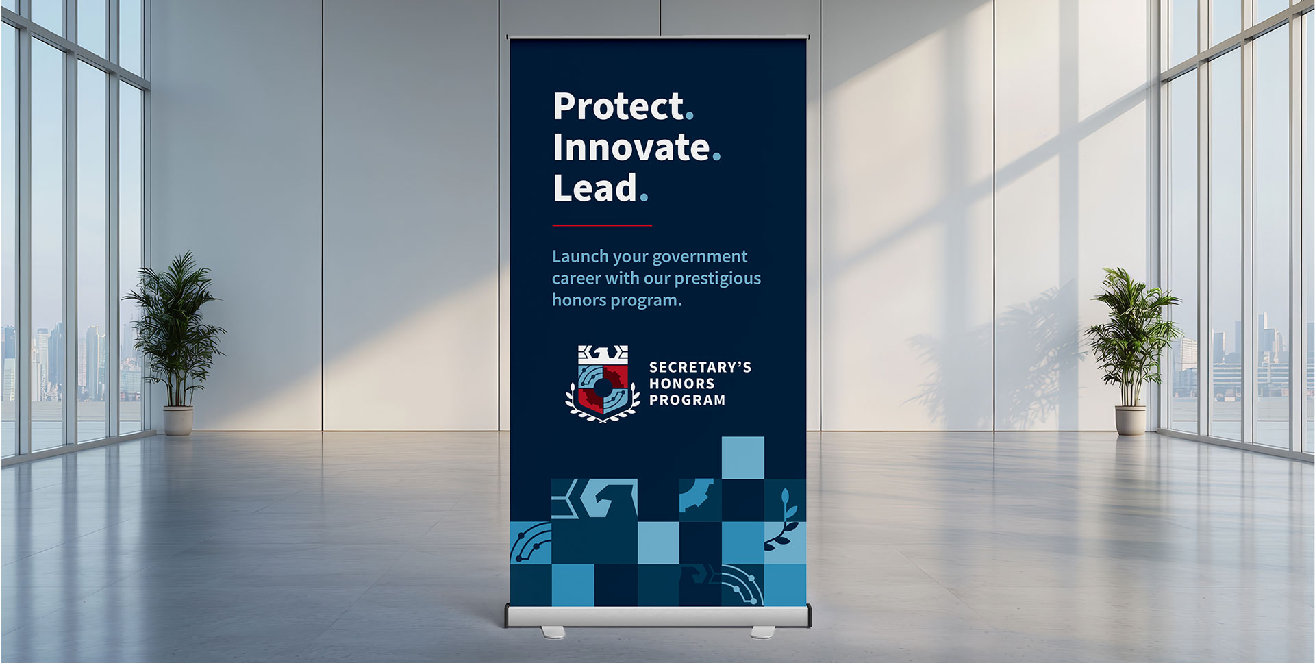SHP event banner in a big lobby area